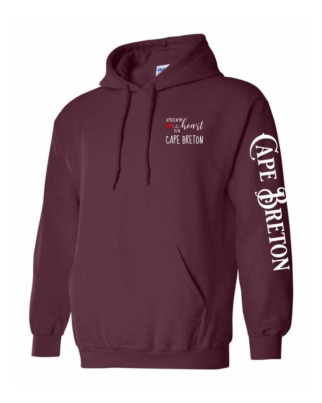 A piece of my heart is in Cape Breton Red Heart Left chest and Sleeve Pullover Hoodie