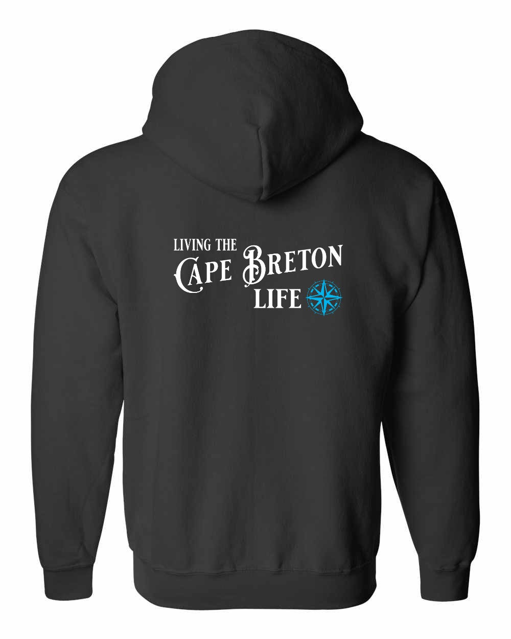 Living the Cape Breton Life blue Left Chest and Back Zip Hoodie