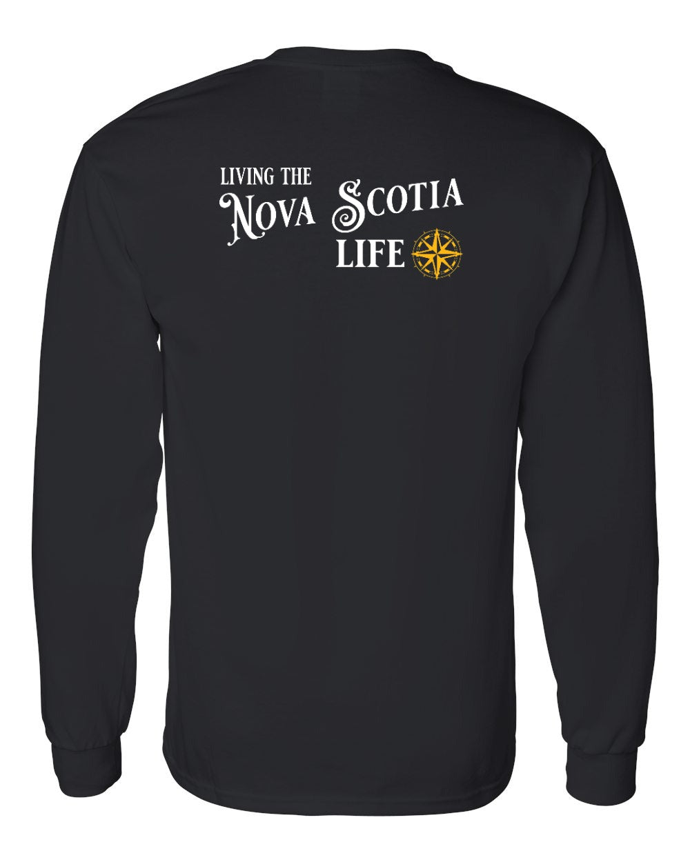 Living the Nova Scotia Life yellow Left Chest and Back Long Sleeve Tee