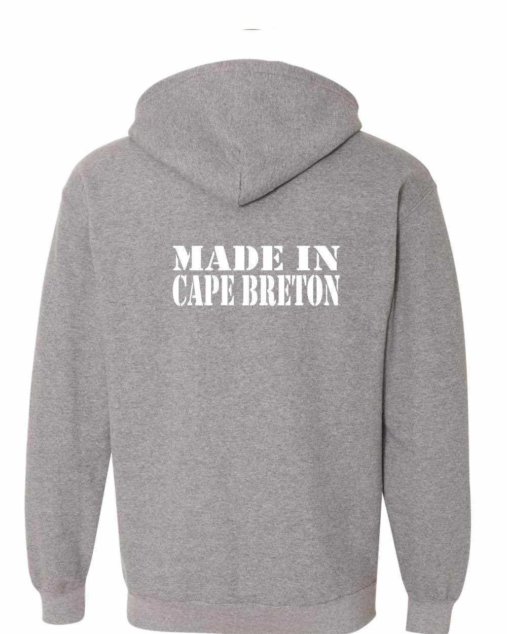Made In Cape Breton White Left Chest and Back Zip Hoodie