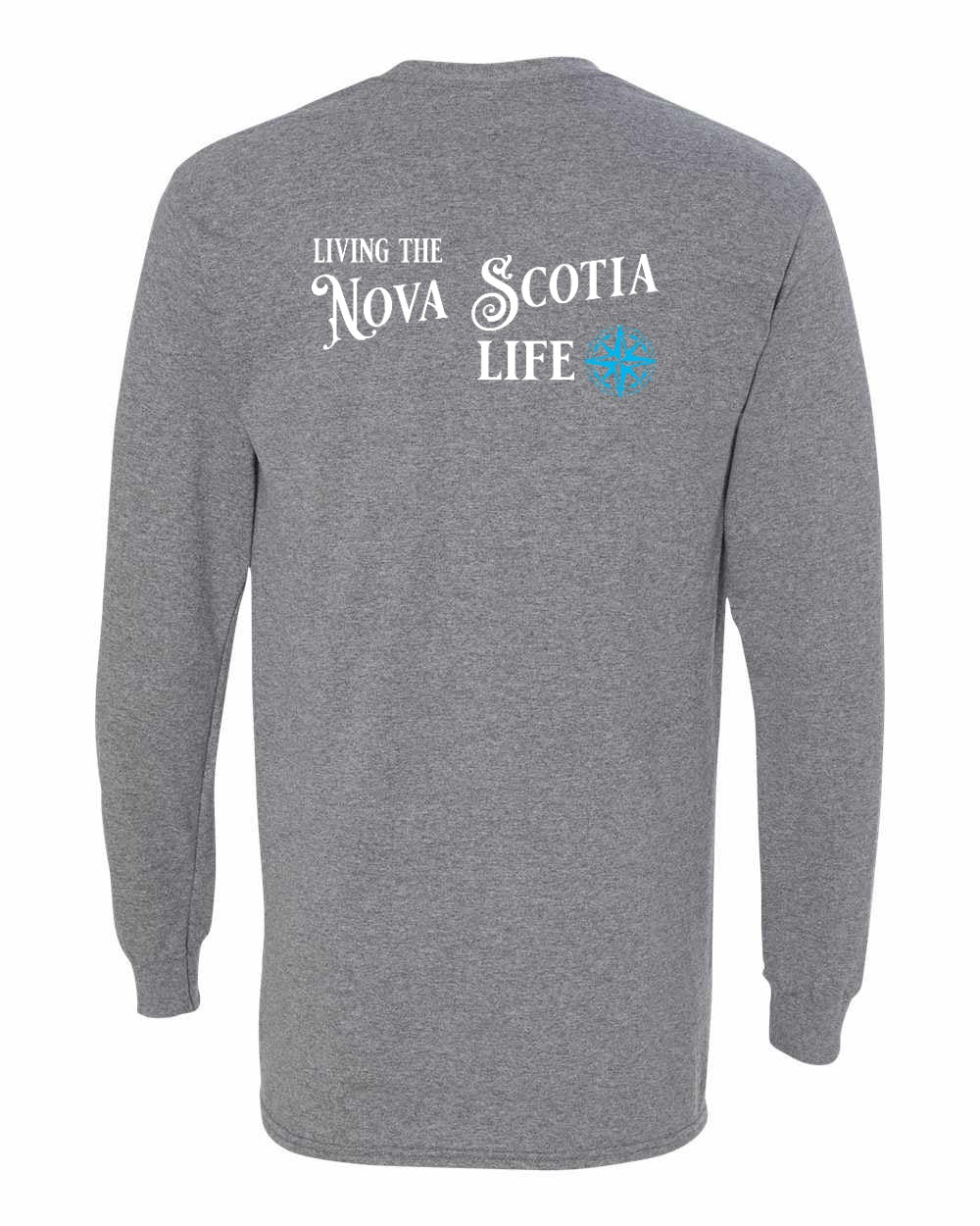 Living the Nova Scotia Life blue Left Chest and Back Long Sleeve Tee