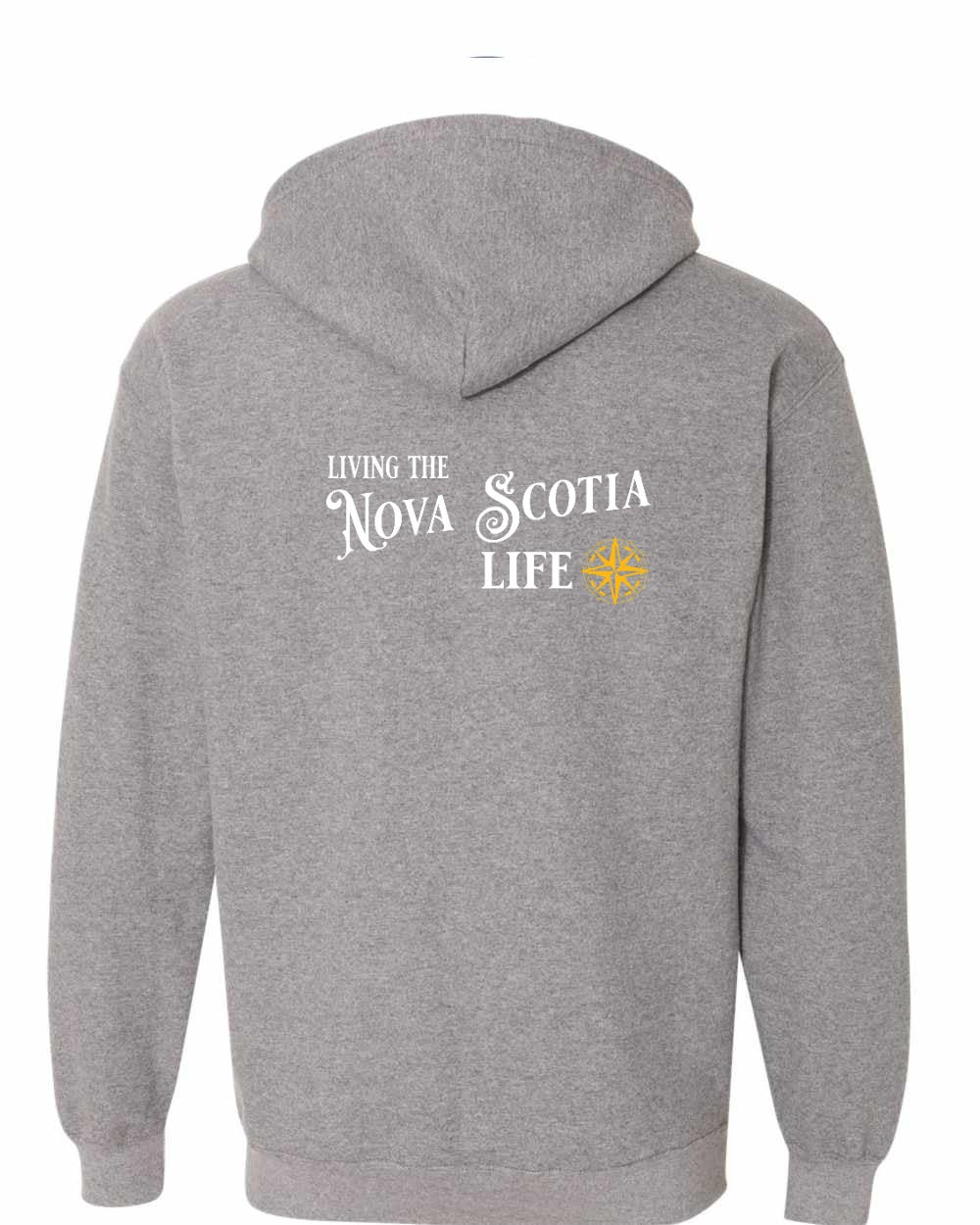 Living the Nova Scotia Life yellow Left Chest and Back zip-hoodie