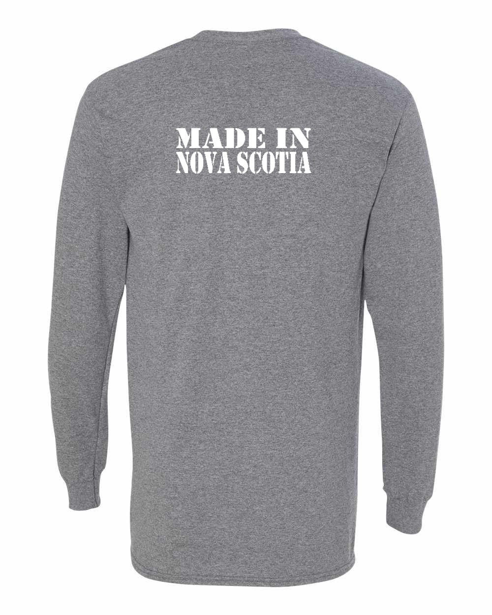 Made In Nova Scotia ( White Lettering) Left Chest and Back Long Sleeve Tee