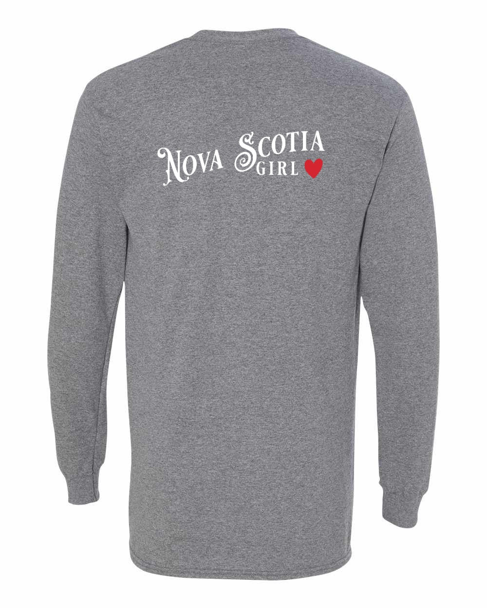 Nova Scotia Girl Red Heart Left Chest and Back Long Sleeve Tee