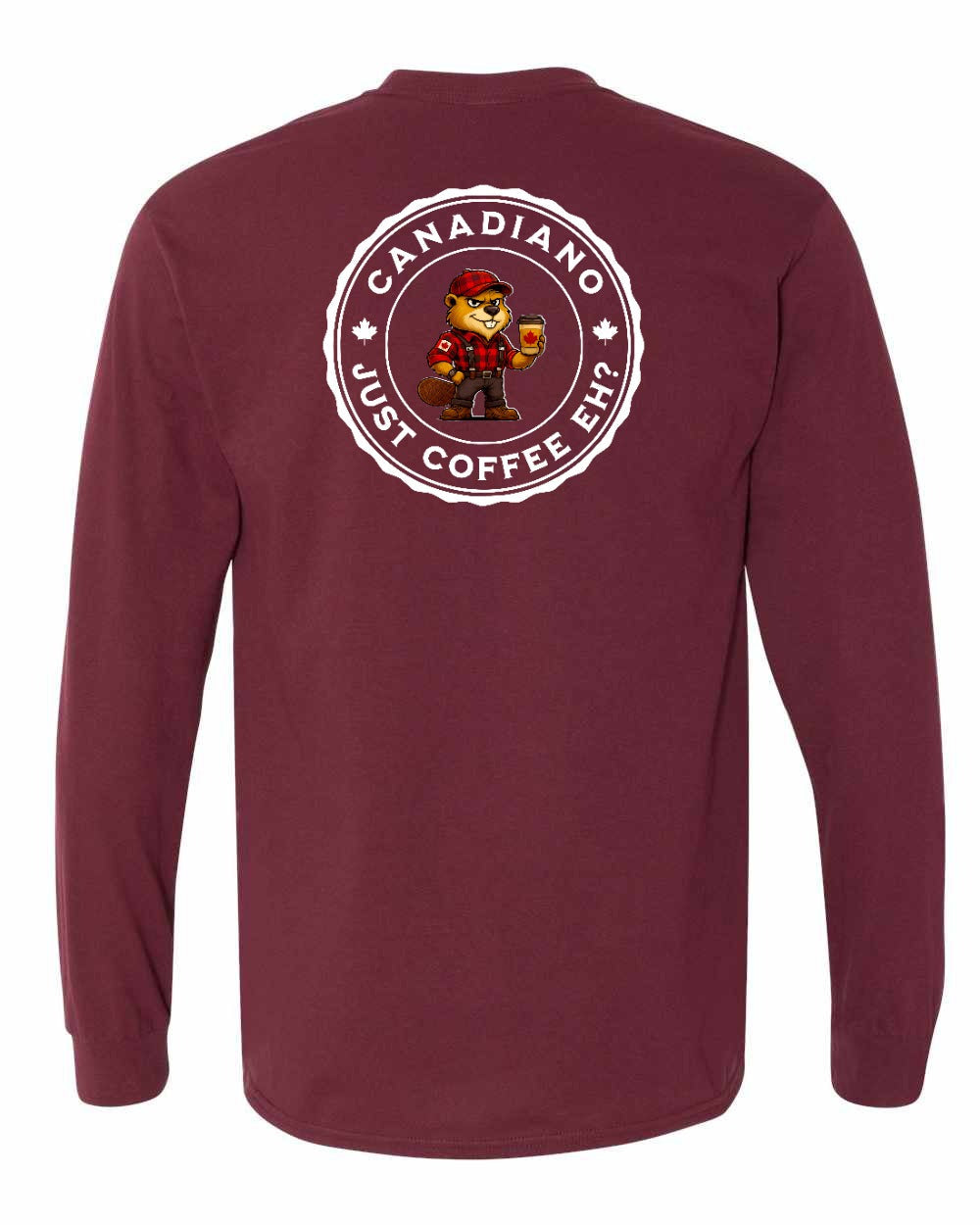 Canadiano just Coffee EH! Male Beaver Left Chest and Back Long Sleeve