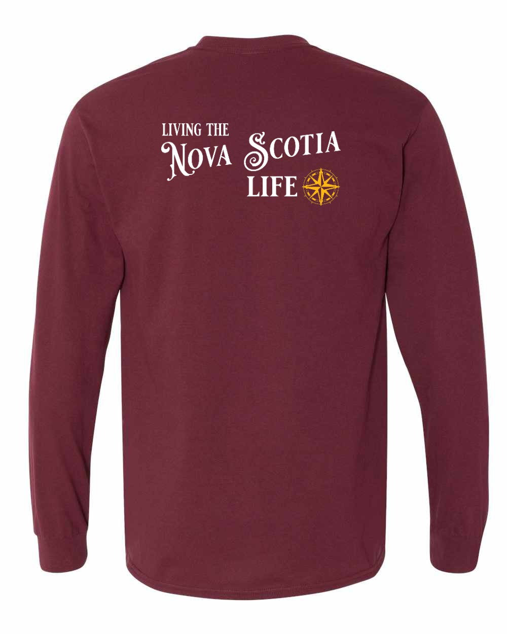 Living the Nova Scotia Life yellow Left Chest and Back Long Sleeve Tee