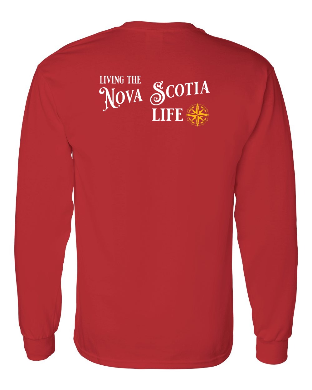 Living the Nova Scotia Life yellow Left Chest and Back Long Sleeve Tee