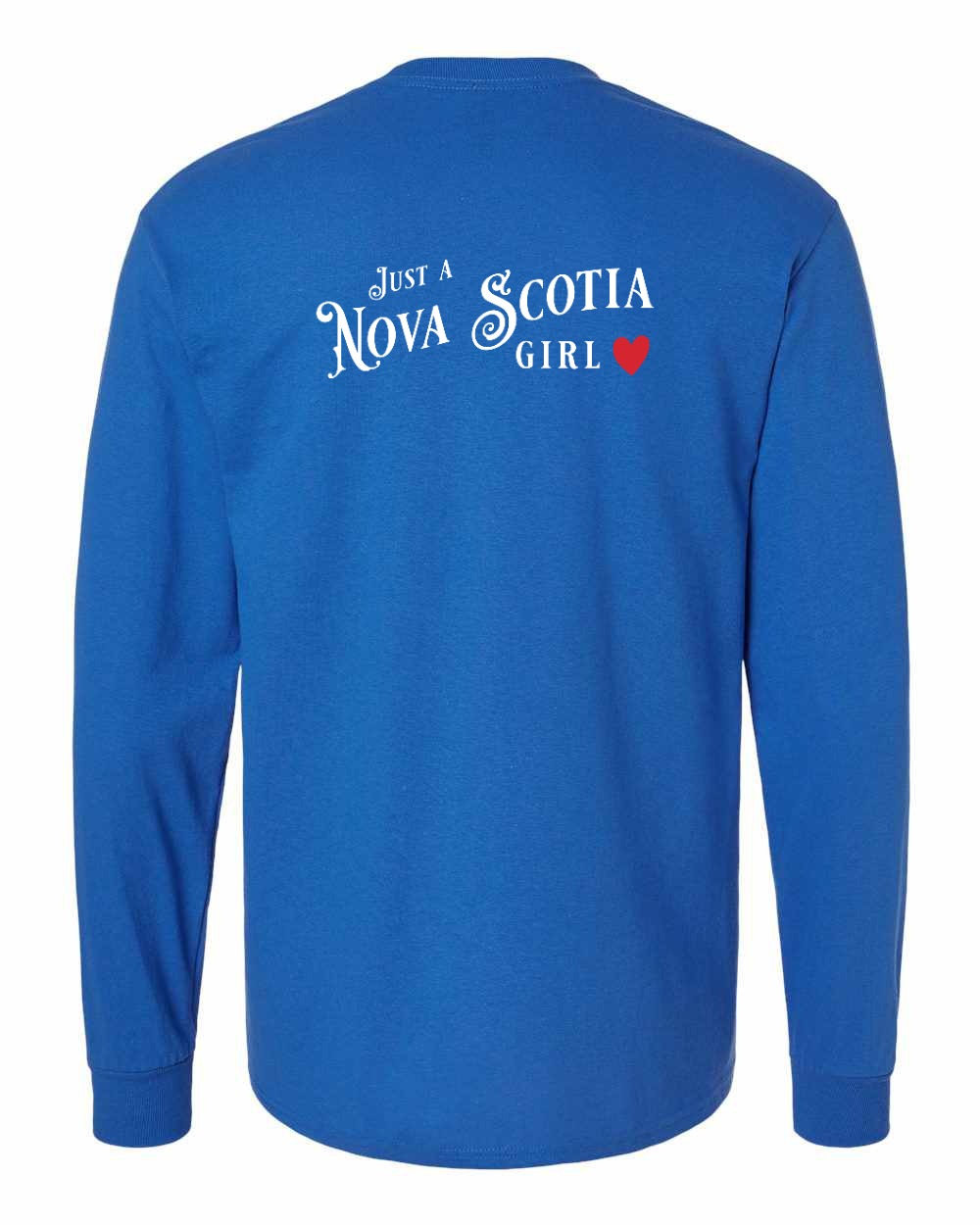 Just a Nova Scotia Girl Red Heart Left Chest and Back Long Sleeve Tee