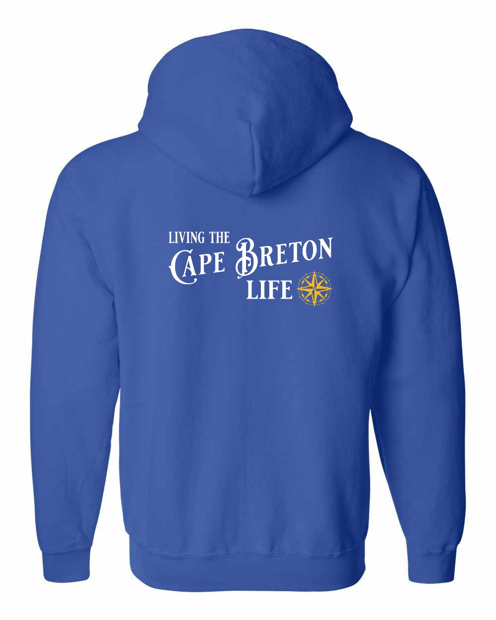 Living the Cape Breton Life yellow Left Chest and Back Zip Hoodie