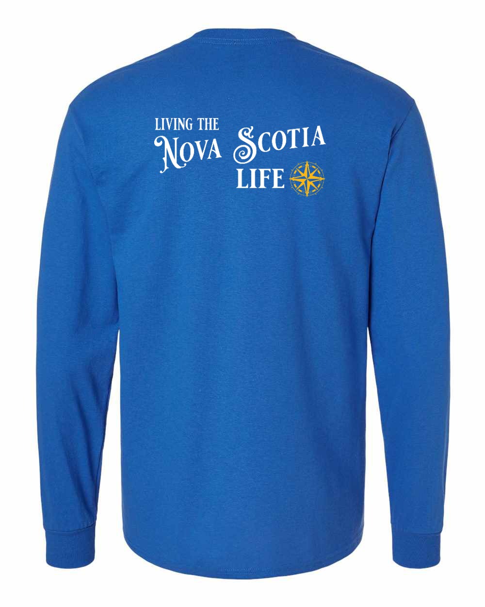 Living the Nova Scotia Life yellow Left Chest and Back Long Sleeve Tee