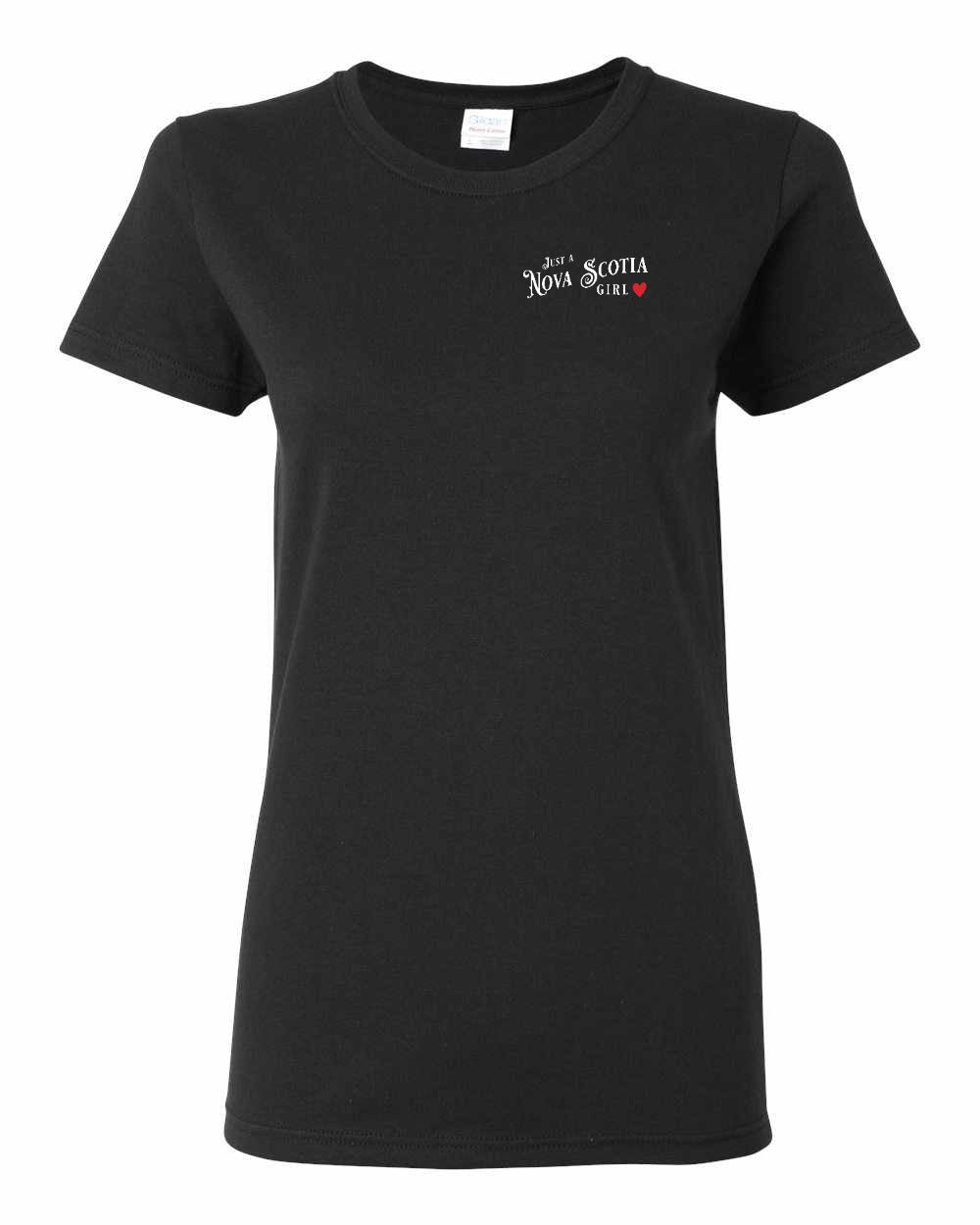 Just a Nova Scotia Girl Red Heart Left Chest and Back womens-tee
