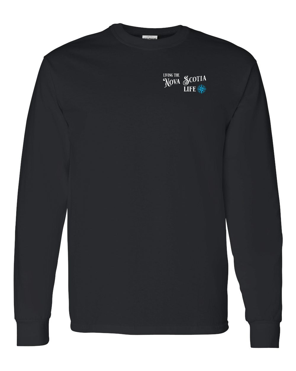 Living the Nova Scotia Life blue Left Chest and Back Long Sleeve Tee