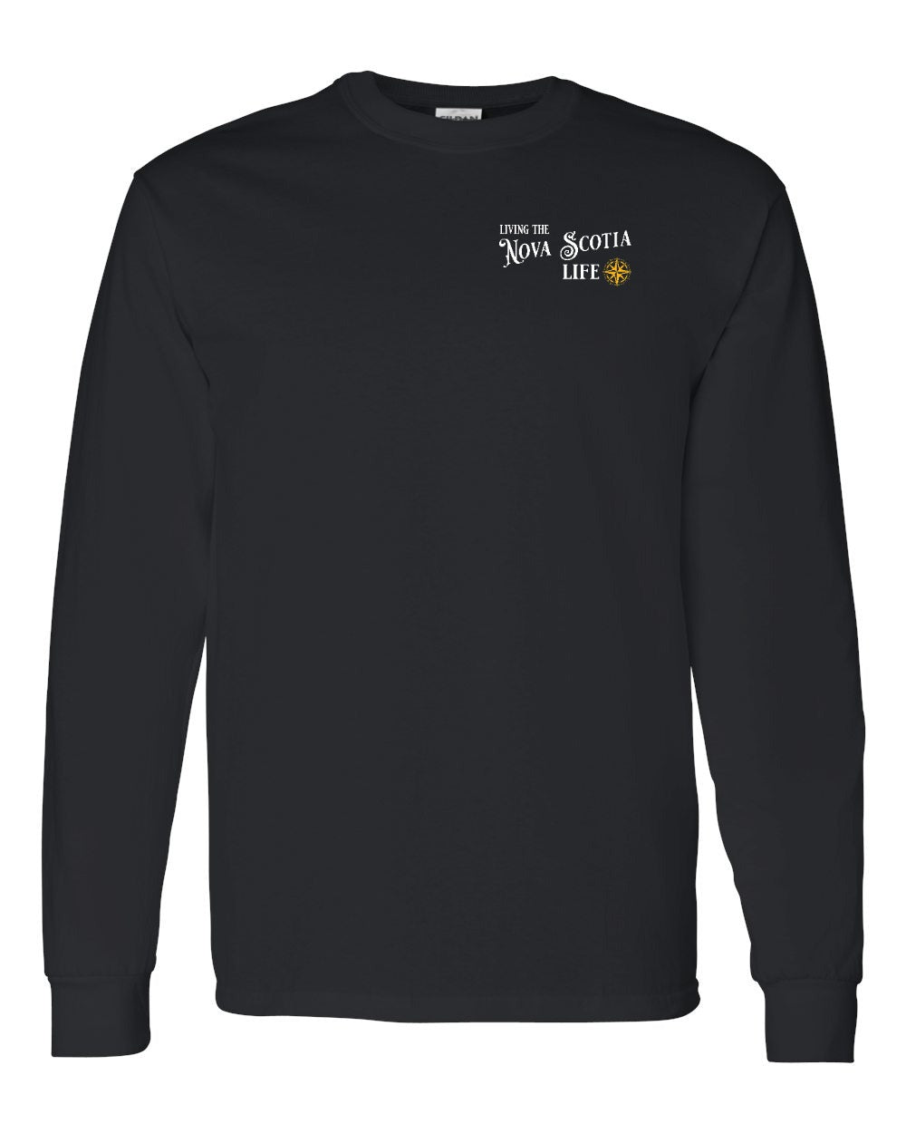 Living the Nova Scotia Life yellow Left Chest and Back Long Sleeve Tee