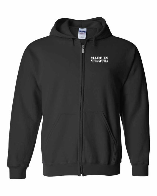 Made In Nova Scotia ( White Lettering) Left Chest and Back zip-hoodie