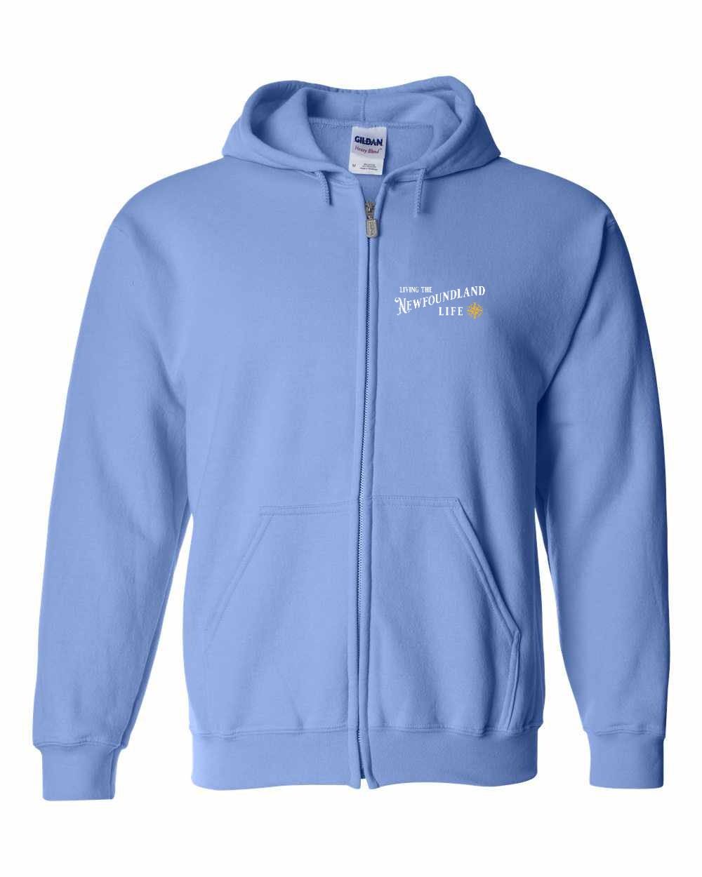 Living the Newfoundland Life yellow Left Chest Zip Hoodie