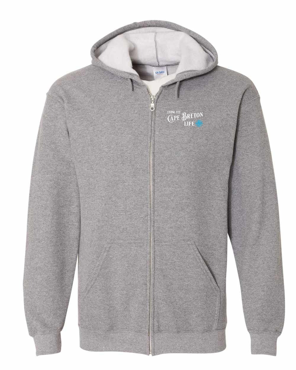 Living the Cape Breton Life blue Left Chest Zip Hoodie