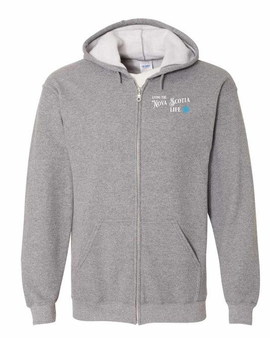Living the Nova Scotia Life blue Left Chest and Back zip-hoodie