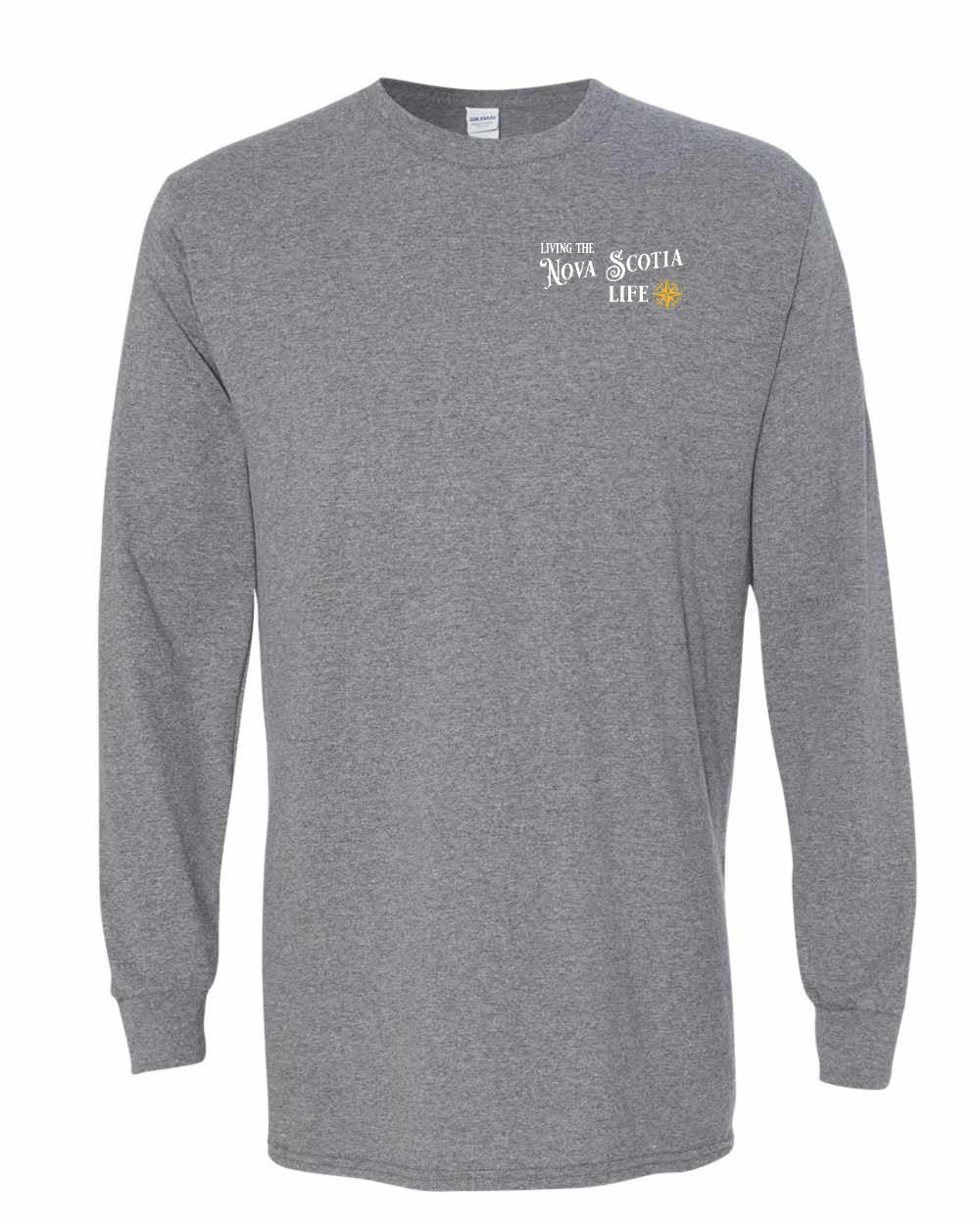 Living the Nova Scotia Life yellow Left Chest and Back Long Sleeve Tee