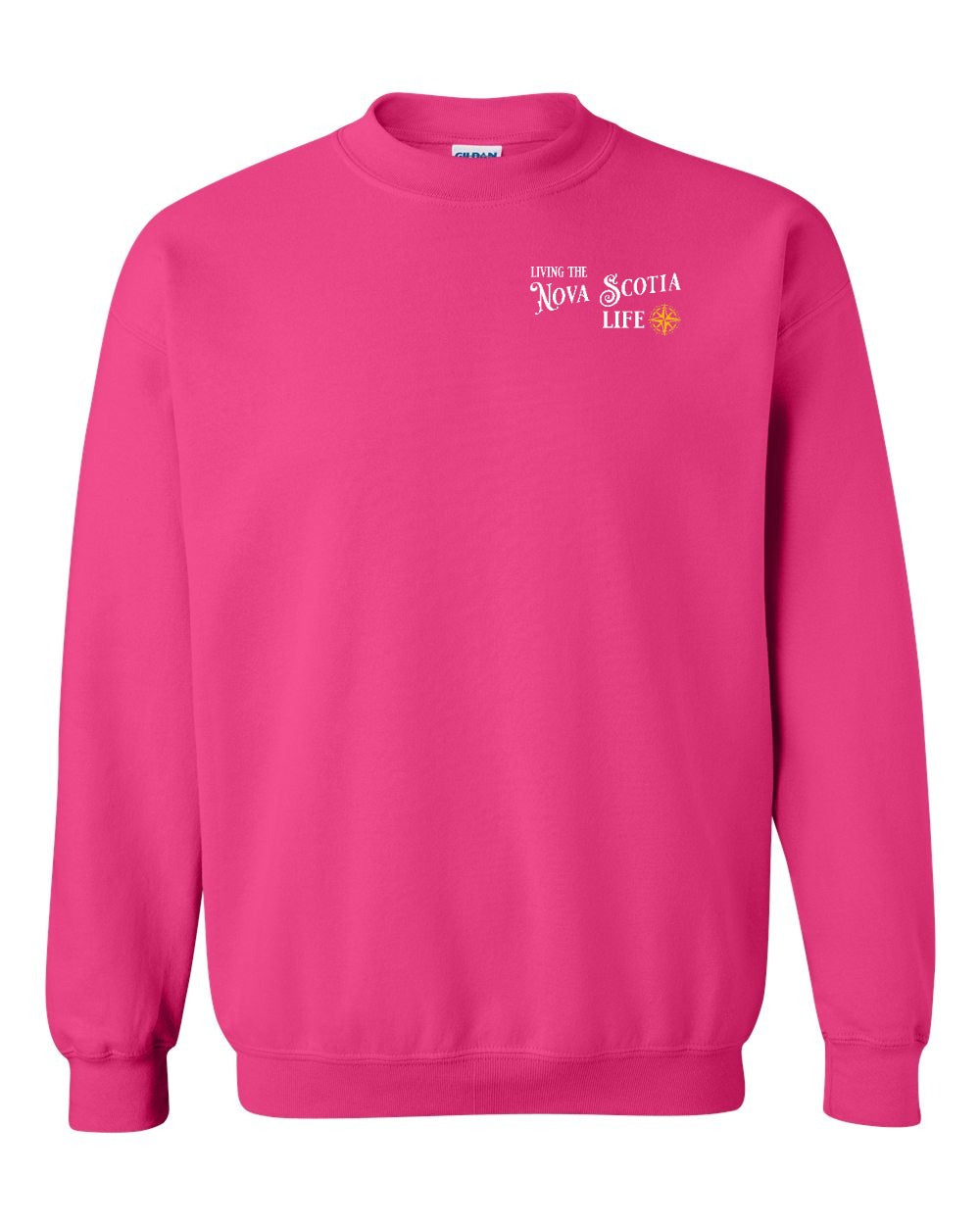 Living the Nova Scotia Life yellow Left Chest and Back crew-neck
