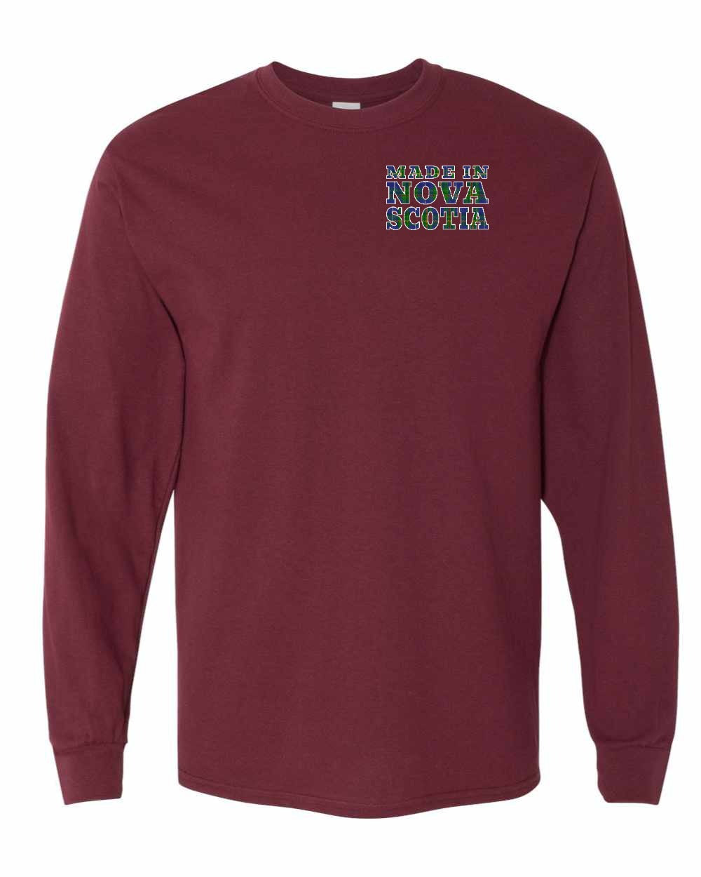 Made In Nova Scotia ( Tartan Lettering) Left Chest and Back Long Sleeve Tee