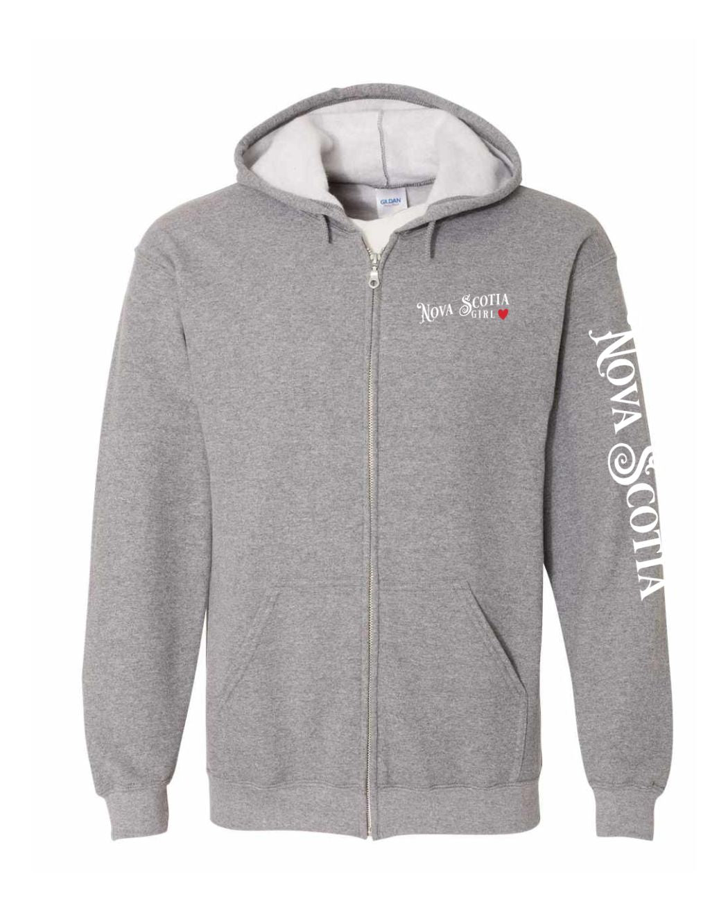 Nova Scotia Girl Red Heart Left Chest and Sleeve Zip Hoodie