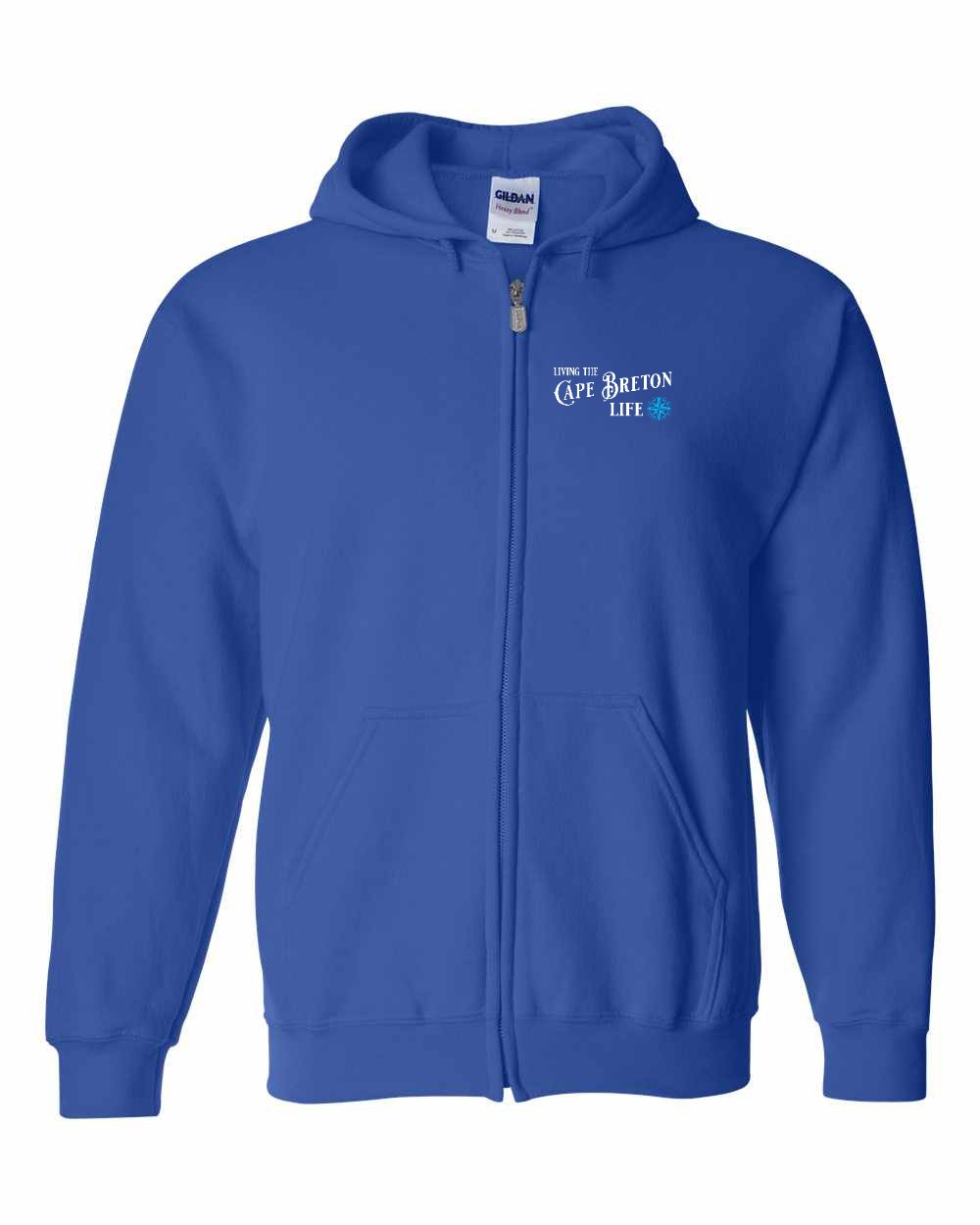 Living the Cape Breton Life blue Left Chest Zip Hoodie