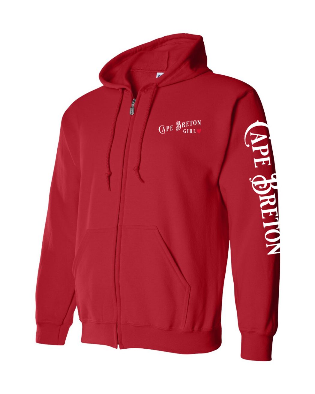 Cape Breton Girl Red Heart Left Chest and Sleeve Zip Hoodie