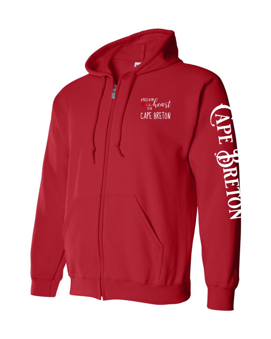 A piece of my heart is in Cape Breton Red Heart Left Chest and Sleeve Zip Hoodie