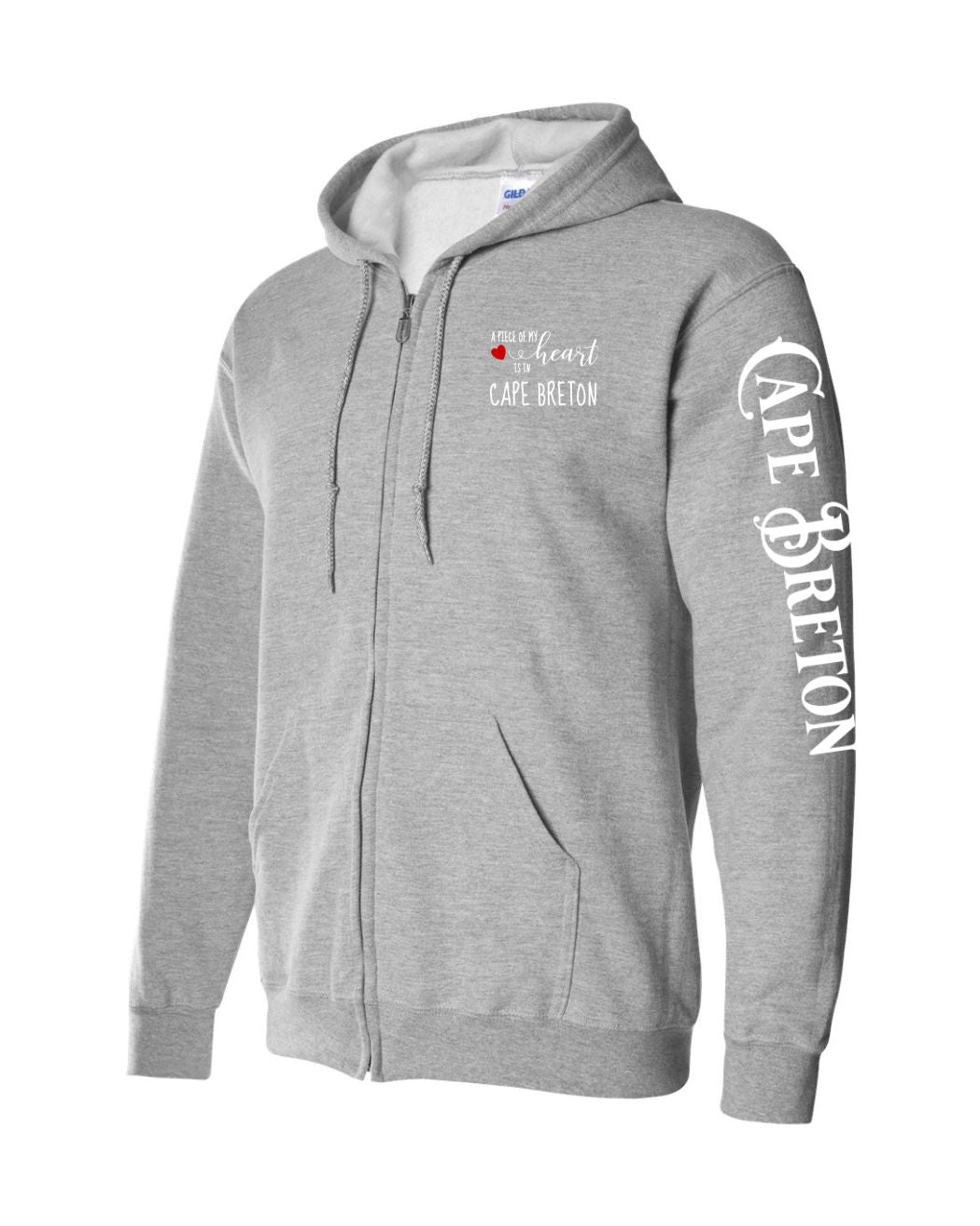 A piece of my heart is in Cape Breton Red Heart Left Chest and Sleeve Zip Hoodie