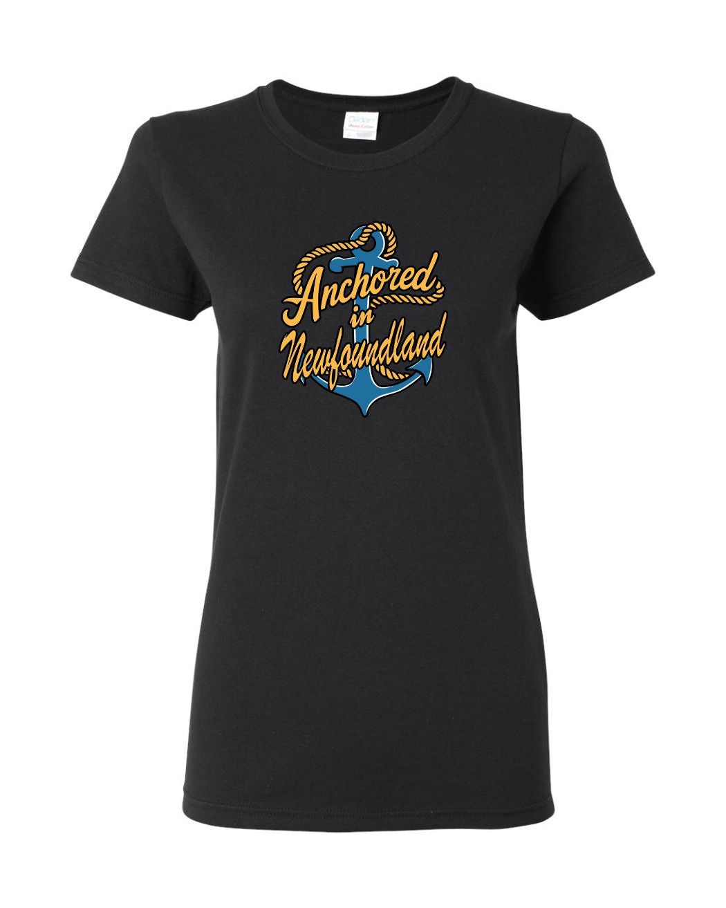 Anchored in Newfoundland Full Front Womens Tee