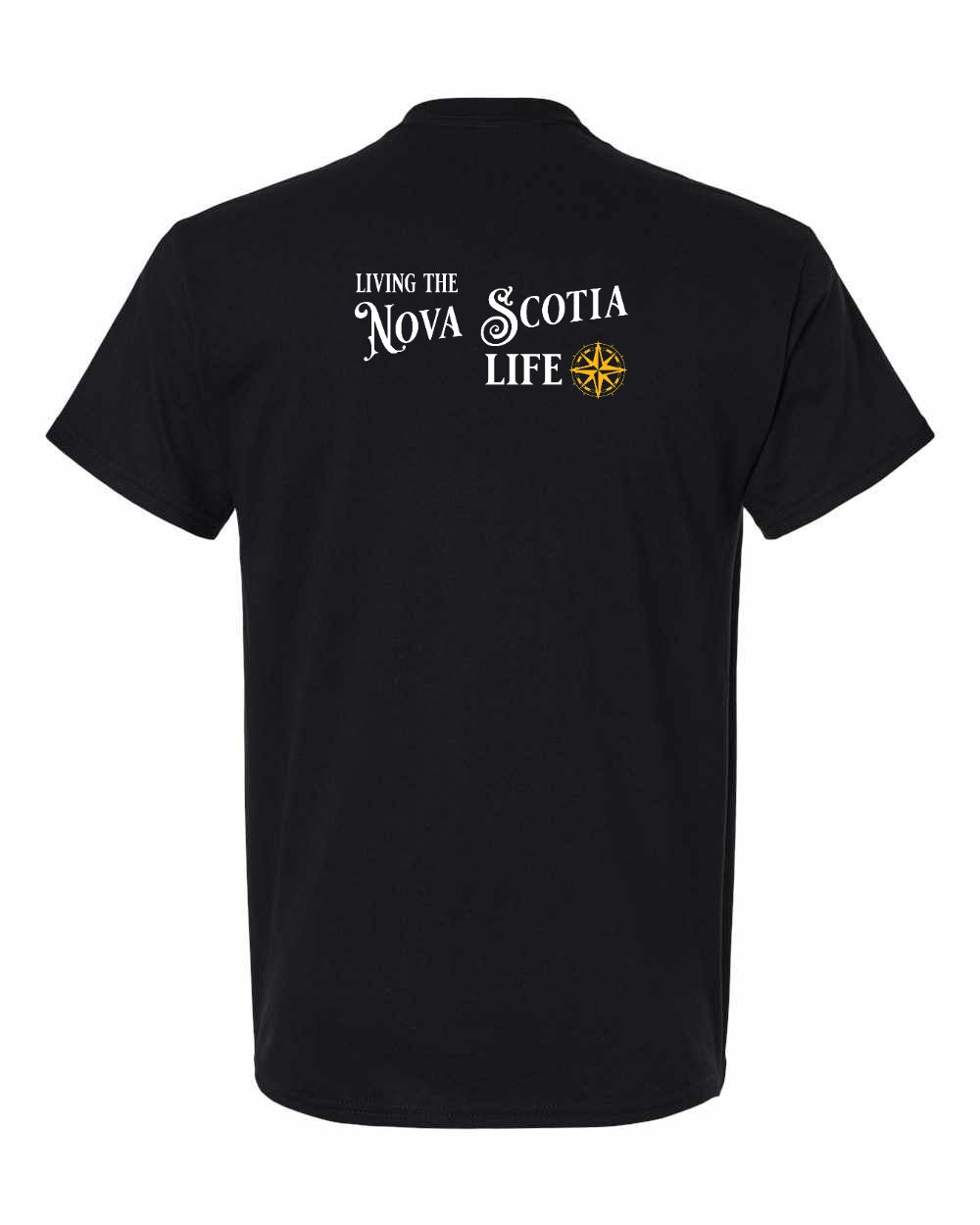 Living the Nova Scotia Life yellow Left Chest and Back mens-tee