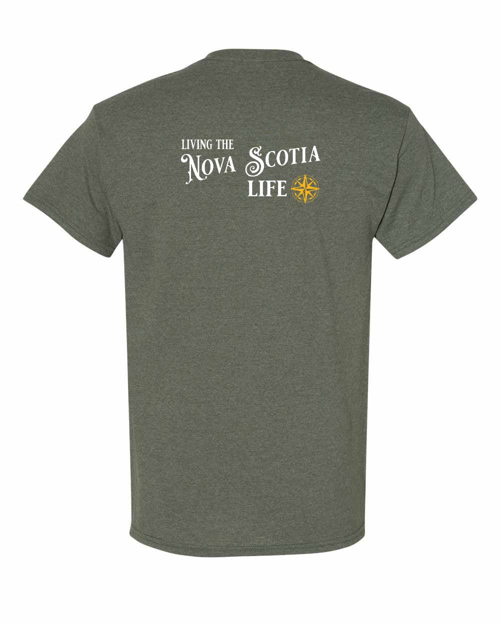 Living the Nova Scotia Life yellow Left Chest and Back mens-tee