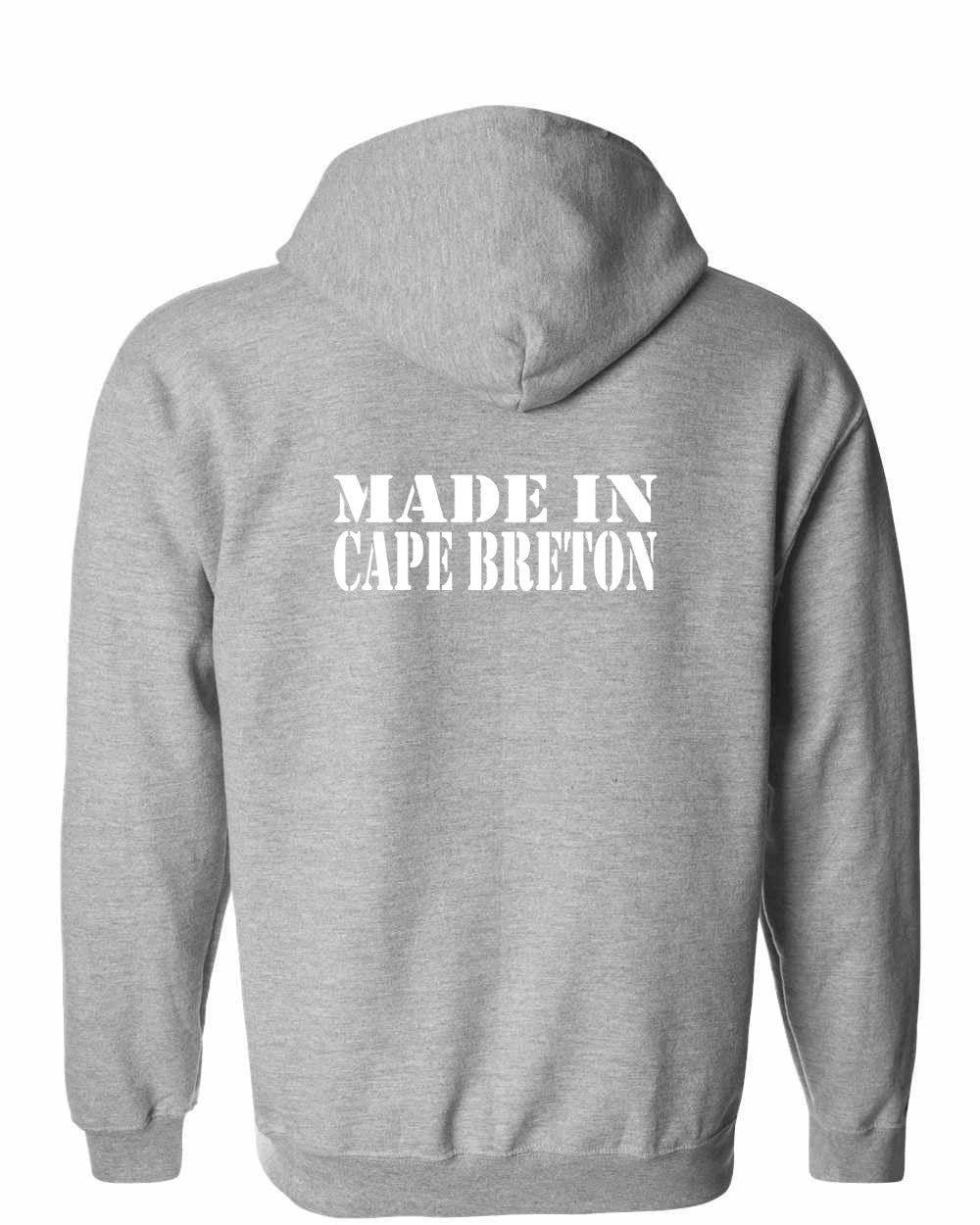 Made In Cape Breton White Left Chest and Back Zip Hoodie