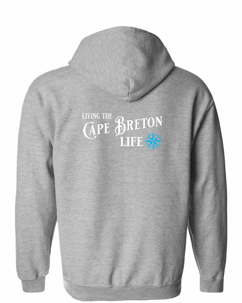 Living the Cape Breton Life blue Left Chest and Back Zip Hoodie
