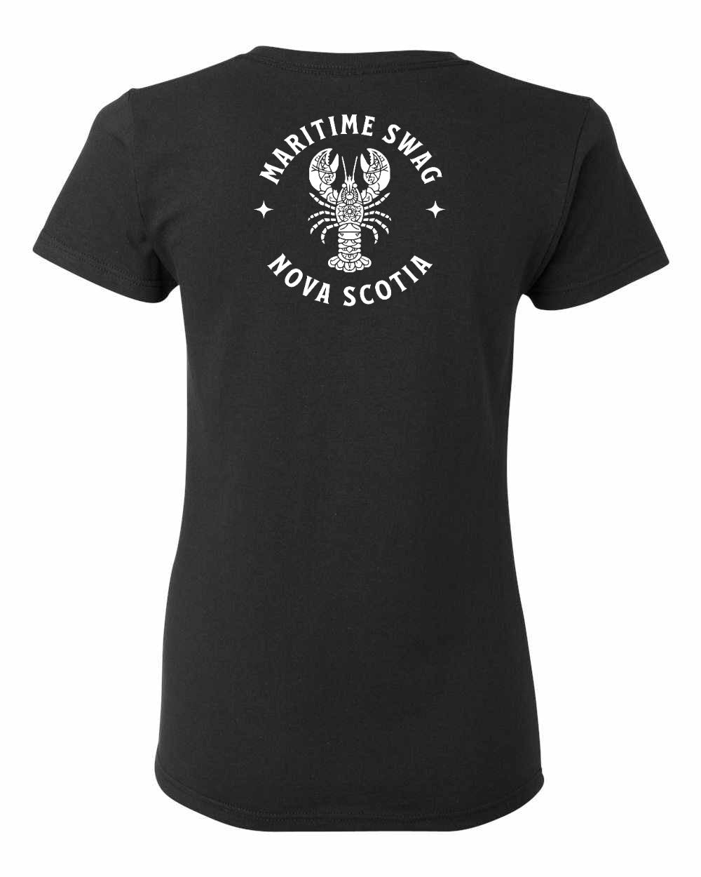 Maritime Swag Nova Scotia Mandala white Lobster Left Chest and Back womens-tee