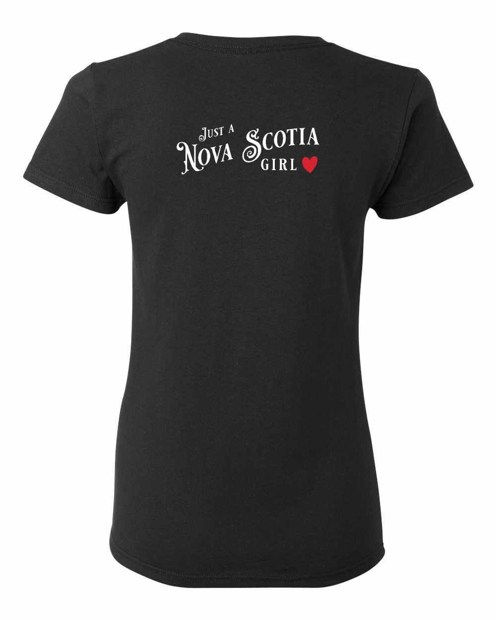 Just a Nova Scotia Girl Red Heart Left Chest and Back womens-tee