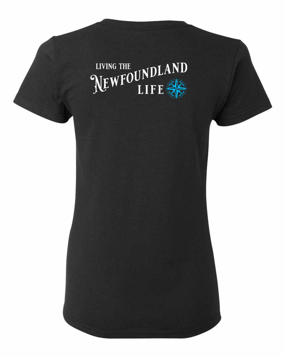 Living the Newfoundland Life blue Left Chest and Back Women's Tee
