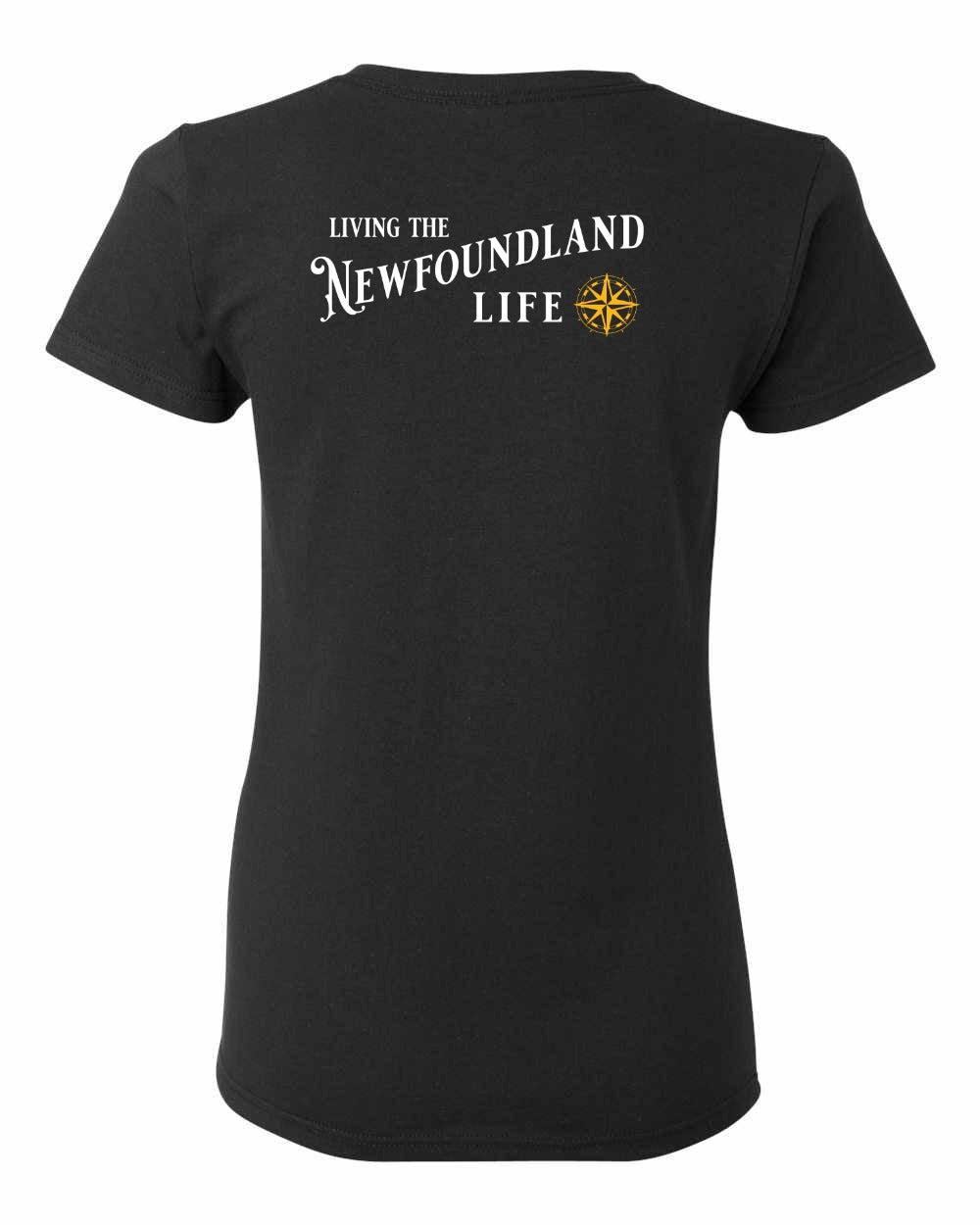 Living the Newfoundland Life yellow Left Chest and Back Women's Tee
