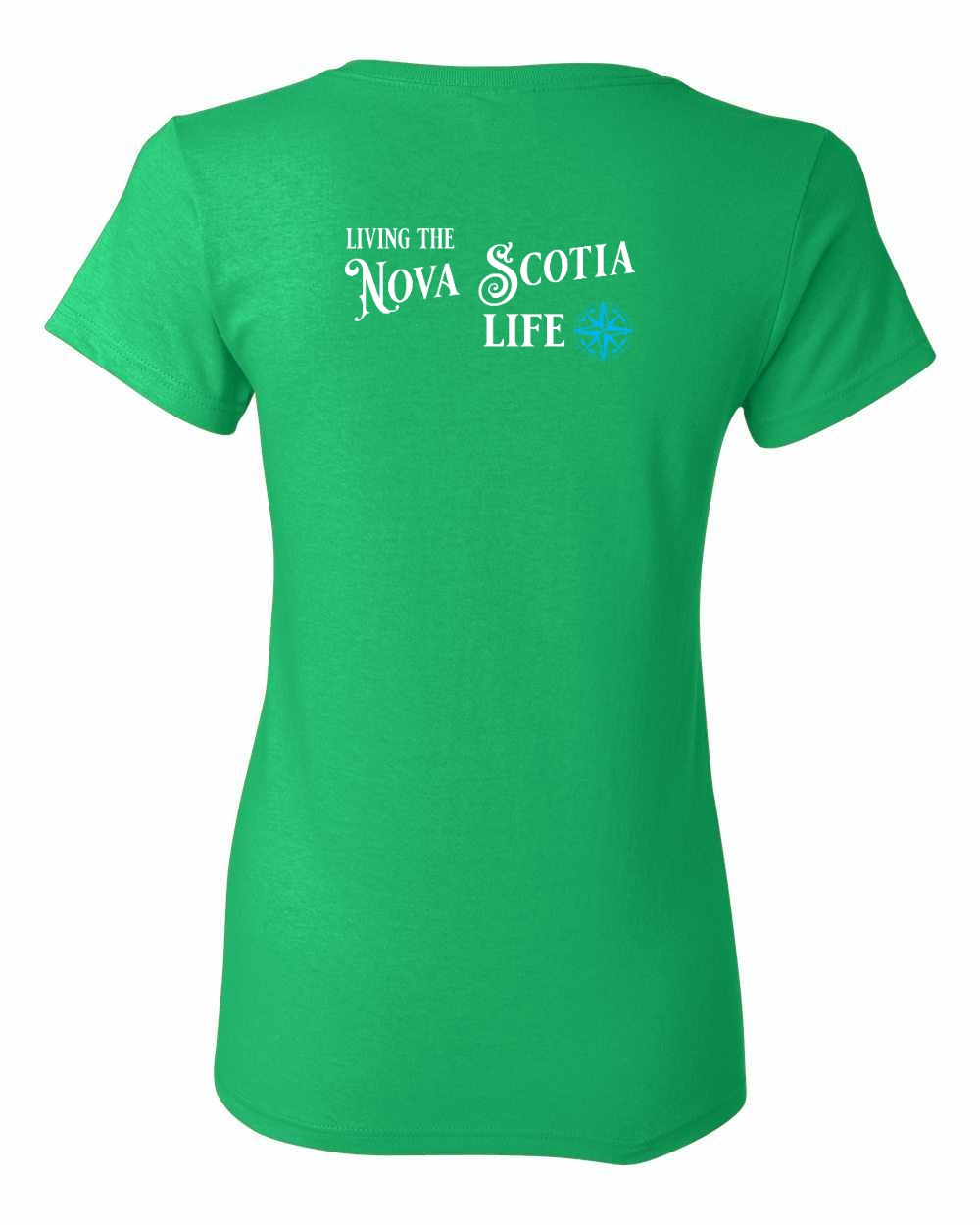 Living the Nova Scotia Life blue Left Chest and Back womens-tee