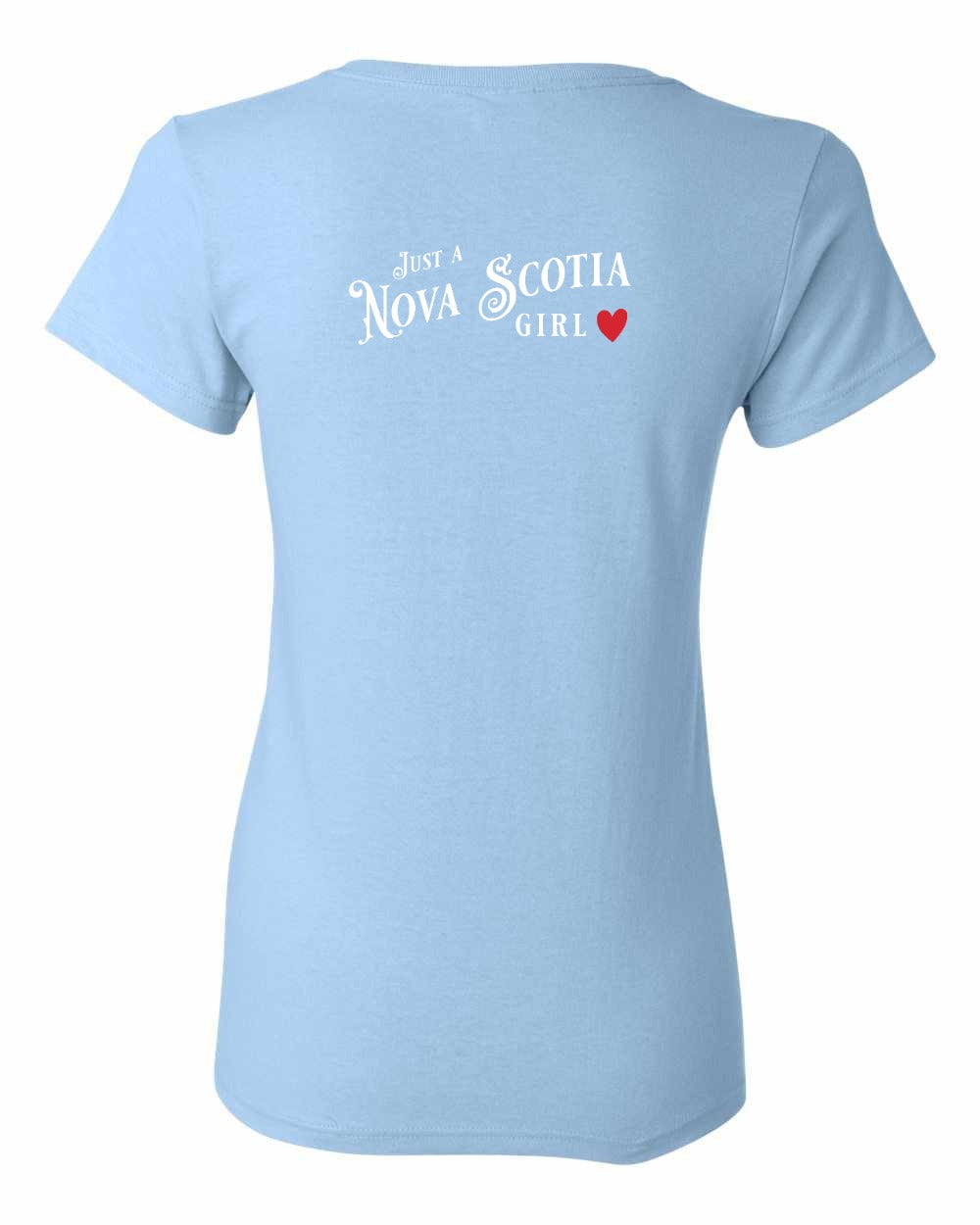 Just a Nova Scotia Girl Red Heart Left Chest and Back womens-tee