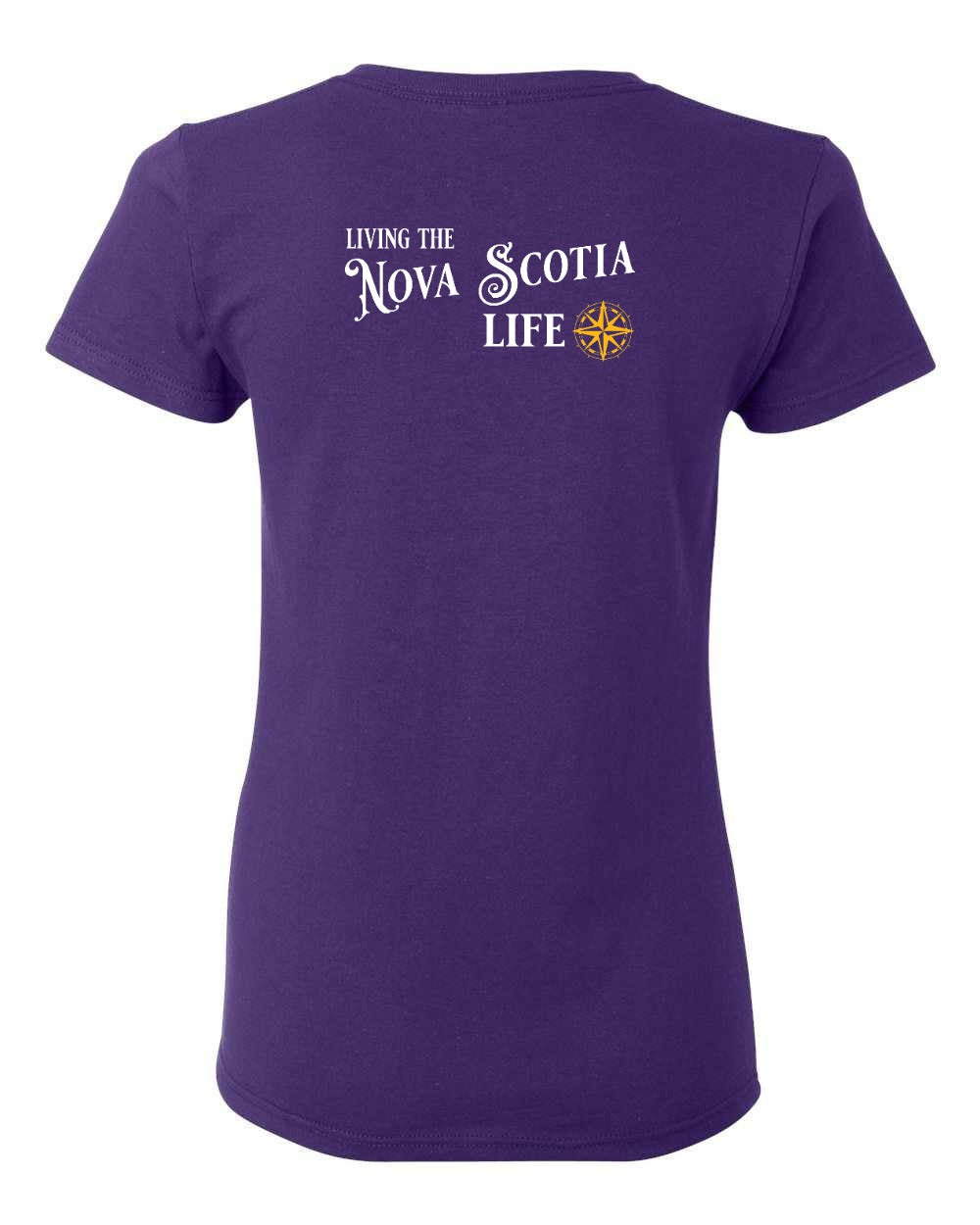 Living the Nova Scotia Life yellow Left Chest and Back womens-tee