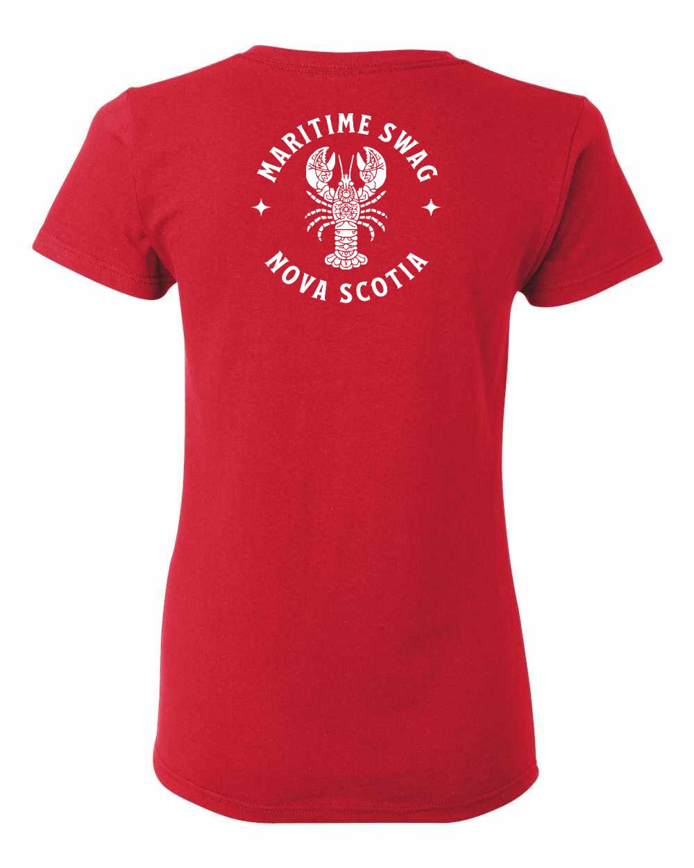 Maritime Swag Nova Scotia Mandala white Lobster Left Chest and Back womens-tee