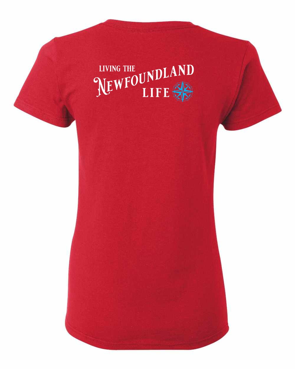 Living the Newfoundland Life blue Left Chest and Back Women's Tee