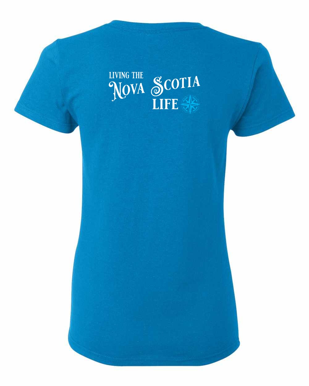 Living the Nova Scotia Life blue Left Chest and Back womens-tee
