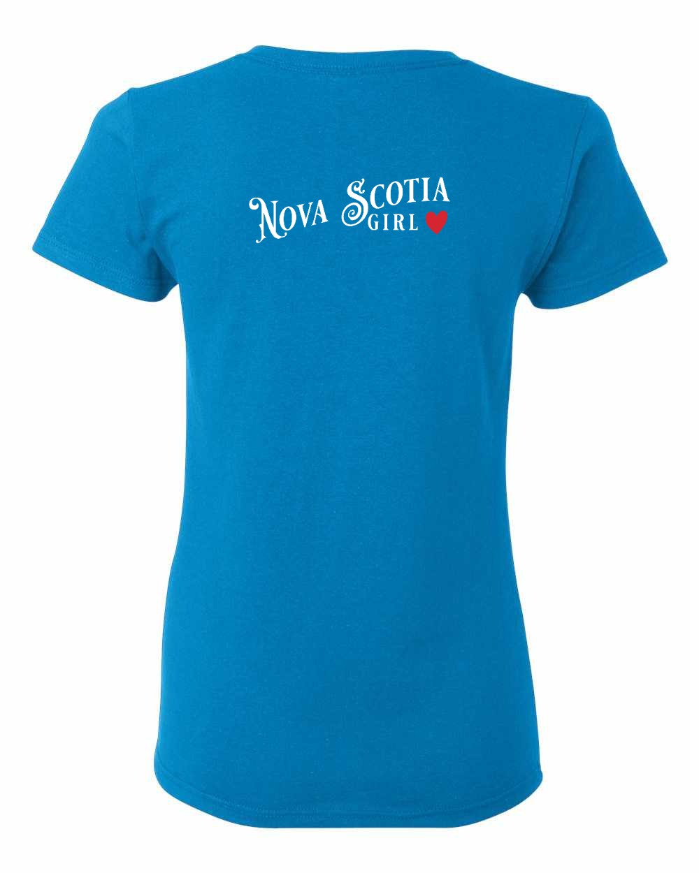 Nova Scotia Girl Red Heart Left Chest and Back womens-tee