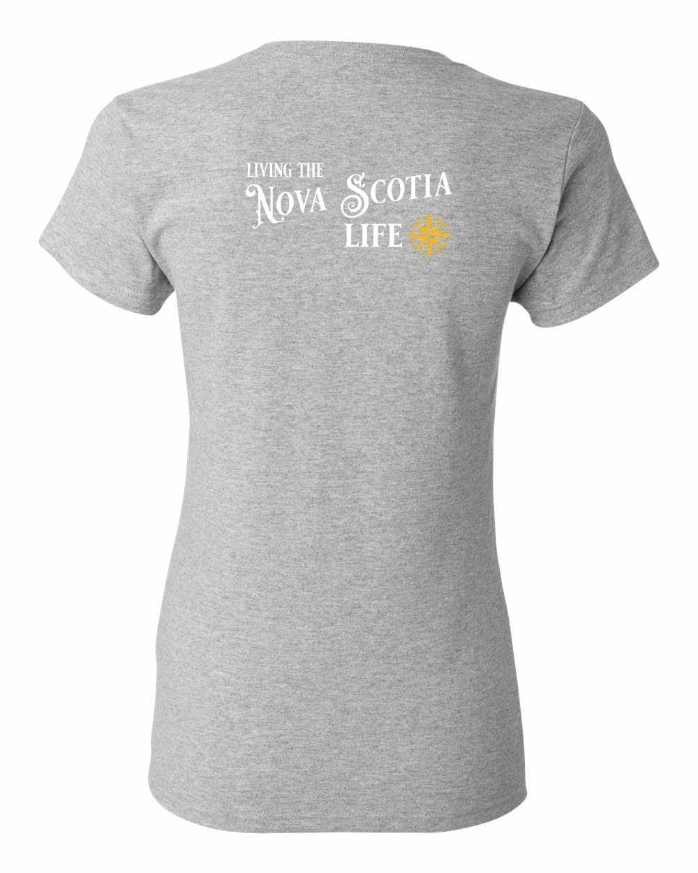 Living the Nova Scotia Life yellow Left Chest and Back womens-tee