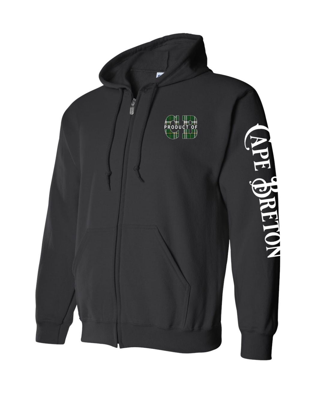 Product of Cape Breton Left Chest and Sleeve Zip Hoodie