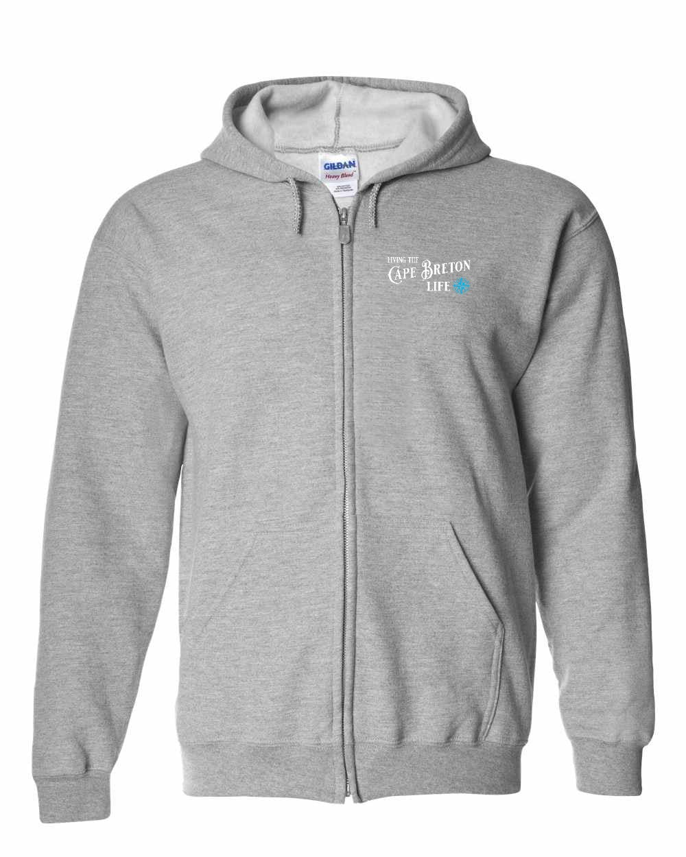 Living the Cape Breton Life blue Left Chest Zip Hoodie