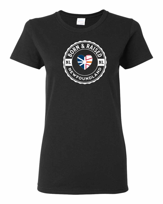 Born and Raised Heart Flag NFLD Full Front Women's Tee