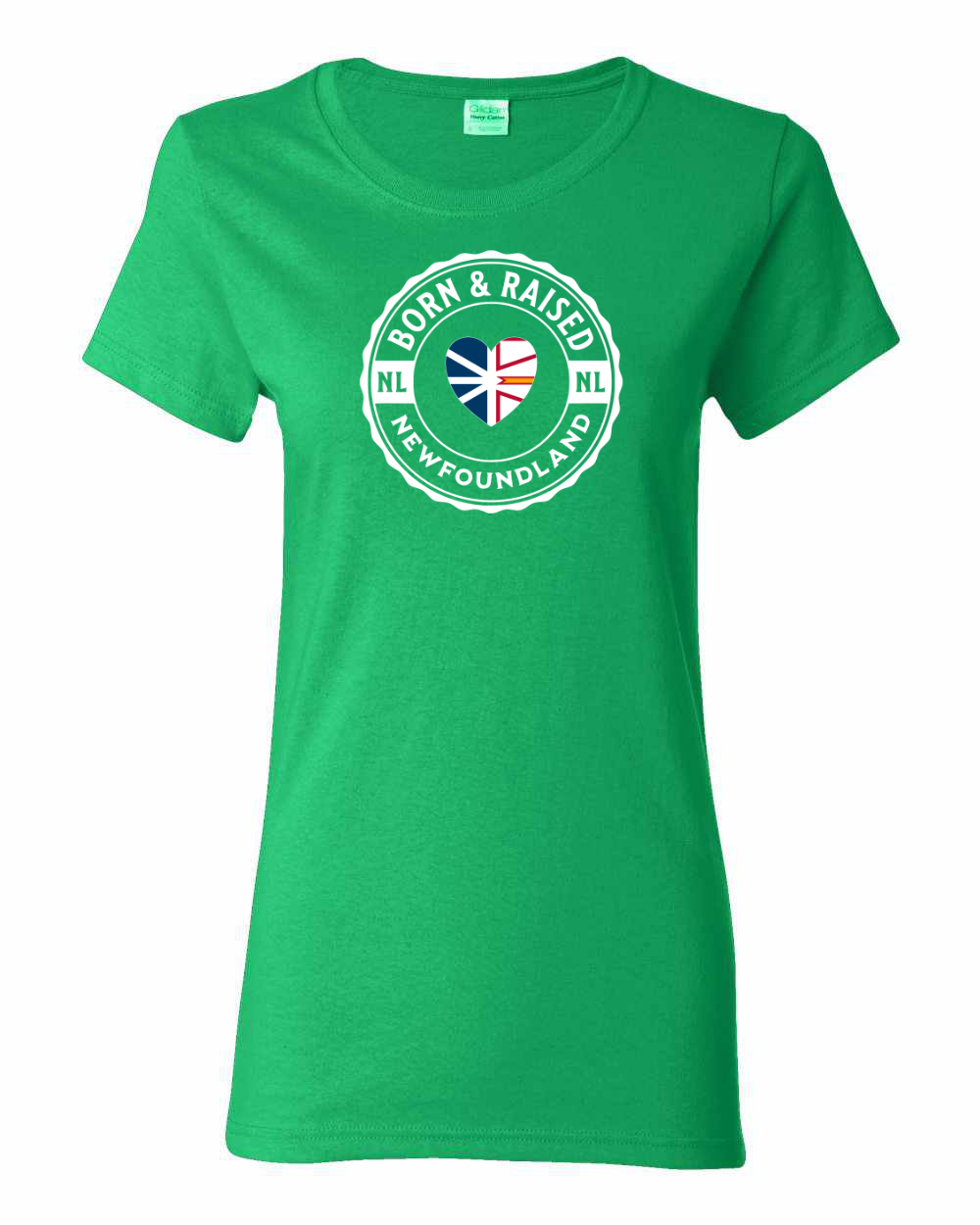 Born and Raised Heart Flag NFLD Full Front Women's Tee